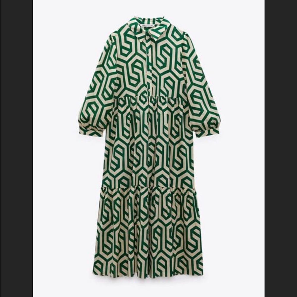 Zara Green and Cream Geometric Midi Dress